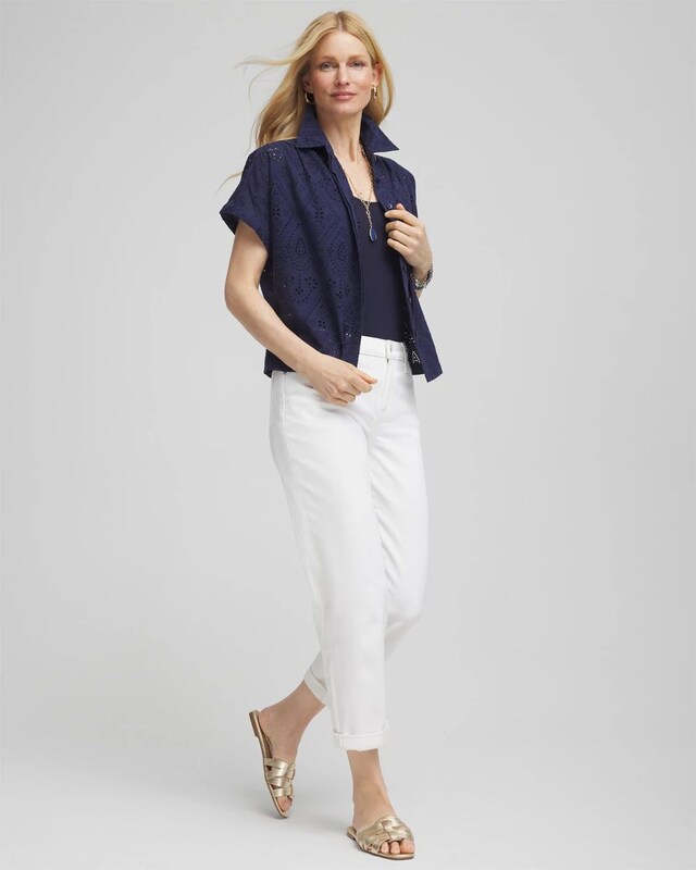 Embroidered Eyelet Button-down Top - image 2